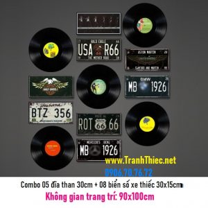 Bộ tranh trang trí retro 5 đĩa than nhựa và 8 áp phích biển số xe 30x15cm